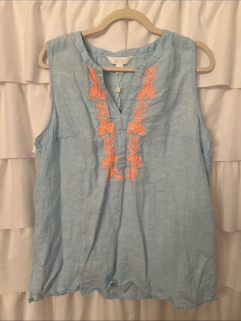 Lilly Pulitzer New Sleeveless Linen V-Neck Top with Coral Embroidery Size XL